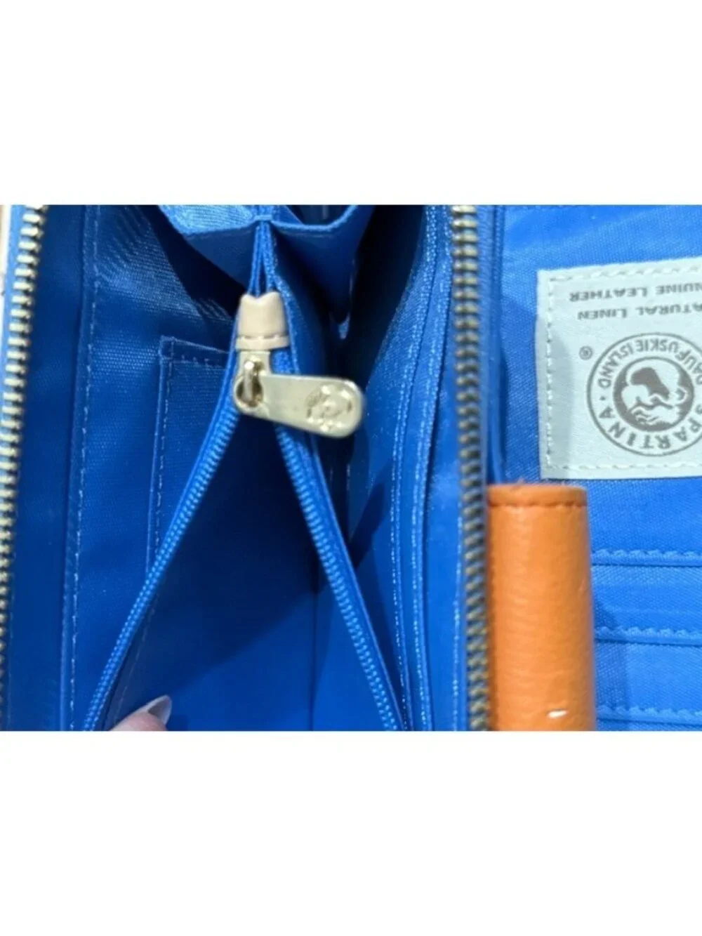 Spartina 449 May River Wallet Starfish Linen Leather Tan Navy White Snap Zip Aro